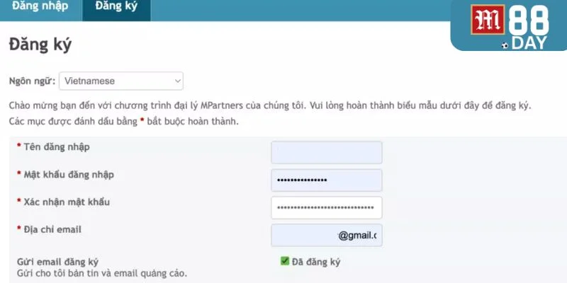 Truy cập vào website của M88 để đăng ký chính sách đại lý.
