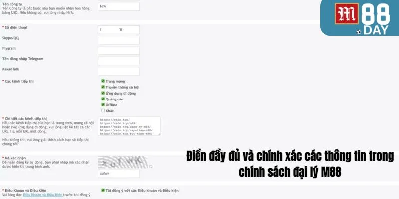 Cung cấp chuẩn xác và đầy đủ các thông tin đăng ký chính sách đại lý M88.